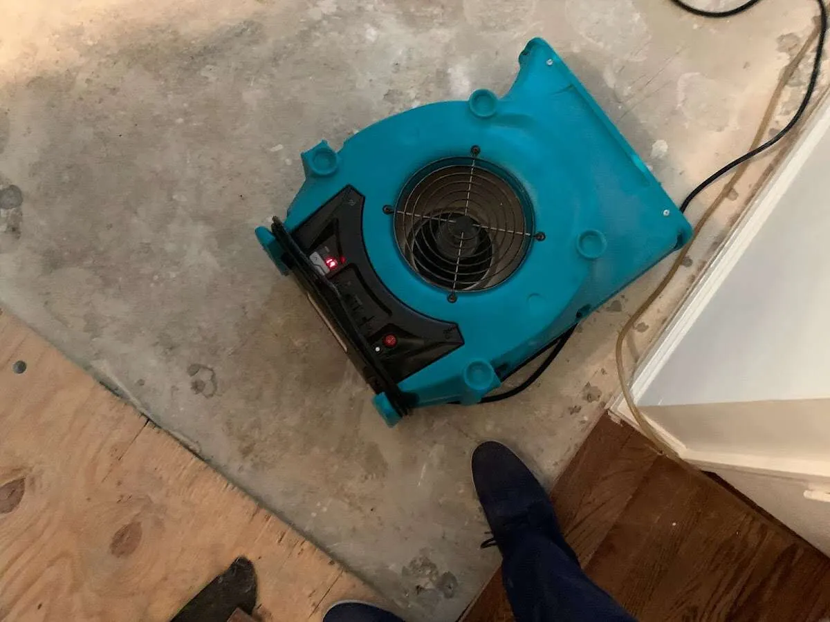 Air mover drying subfloor during Commercial Water Damage Restoration in Riga